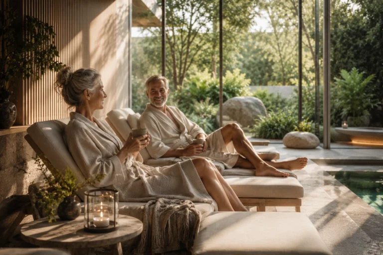 Älteres Ehepaar in einem Spa, die es sich mit einer Tasse Tee in schönem Ambiente gutgehen lassen.