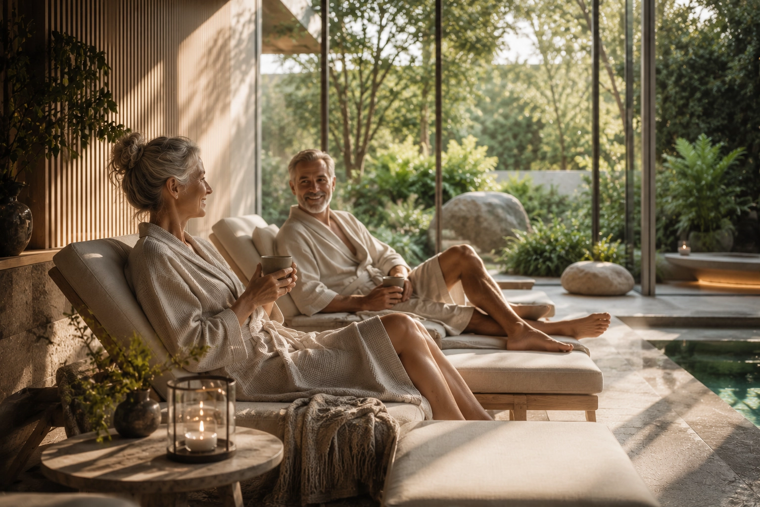 Älteres Ehepaar in einem Spa, die es sich mit einer Tasse Tee in schönem Ambiente gutgehen lassen.
