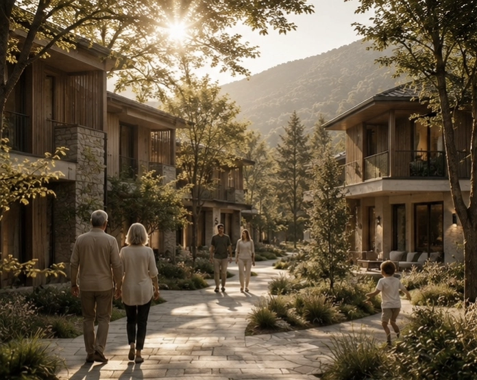 Älteres Paar läuft Hand in Hand in einer begrünten Wohnsiedlung. Wellbeing Real Estate.